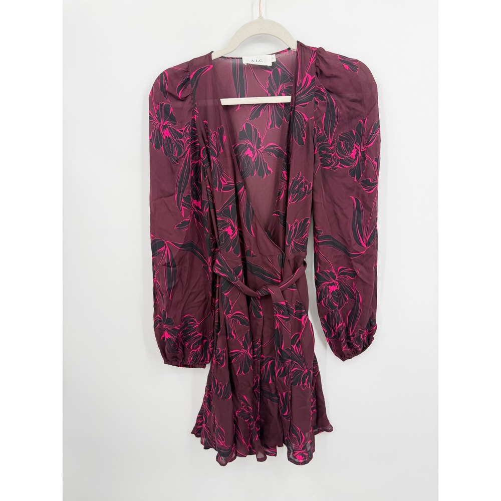 A.L.C. Embry 100% Silk Floral Wrap Dress Womens 2 Burgundy Pink Long Sleeve Mini